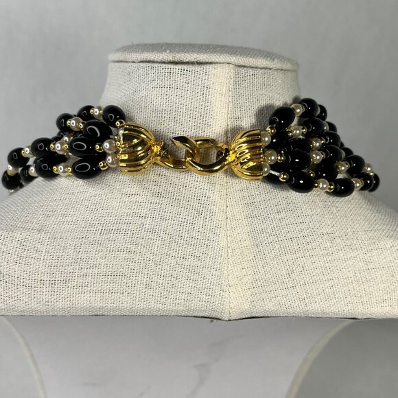 Vintage Multi-Strand Black & White Beaded Necklace W/ Gold-Tone Clasp - Picture 2 of 3